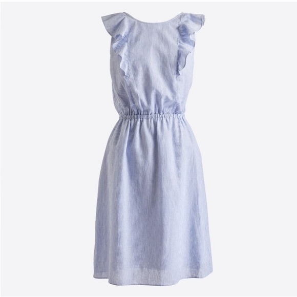 J. Crew Ruffle Sleeveless Linen Cotton Dress SZ 6 Blue White Stripes - Picture 3 of 16
